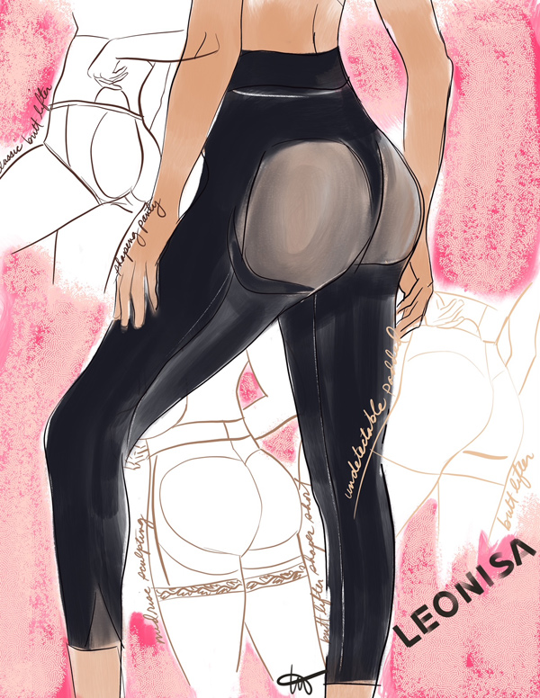 Leonisa enhancing leggings as illustrated by Tina Wilson featured on Lingerie Briefs
