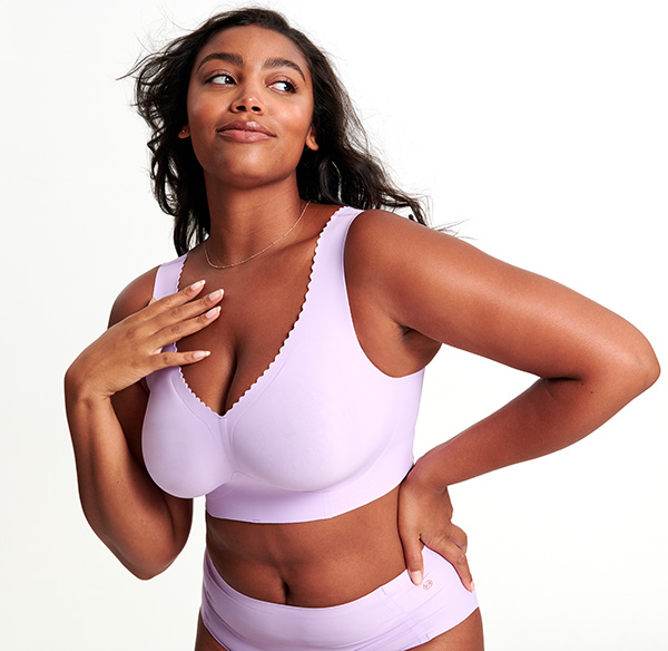 Evelyn & Bobbie wirefree Evelyn Bra in lavender as featured on Lingerie Briefs
