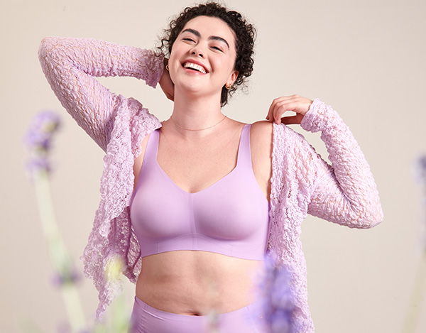 Evelyn & Bobbie wirefree Beyond Bra in lavender as featured on Lingerie Briefs