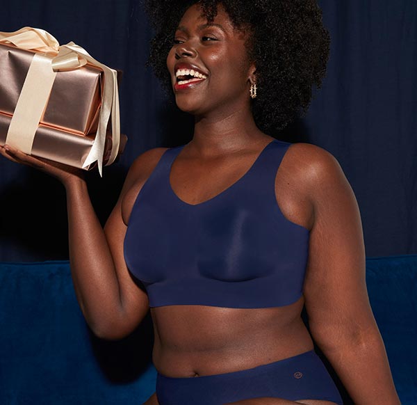 Evelyn & Bobbie wirefree bras in Midnight Blue as featured on Lingerie Briefs