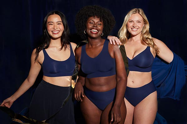 Evelyn & Bobbie wirefree bras in Midnight Blue as featured on Lingerie Briefs