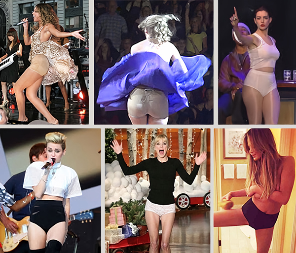 Celebrities wearing granny panties; (L to R: Beyoncé, Taylor Swift, Anne Hathaway, Miley Cyrus, Anna Faris and Chrissy Teigen.