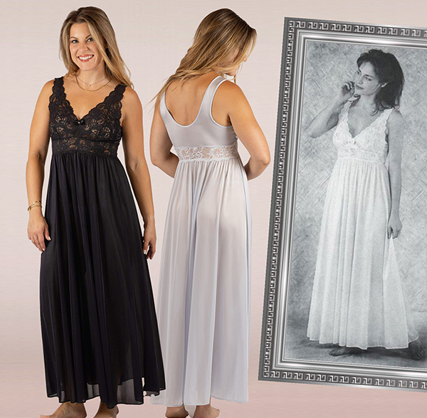Shadowline Lingerie vintage Silhouette Lace Long gown featured on Lingerie Briefs