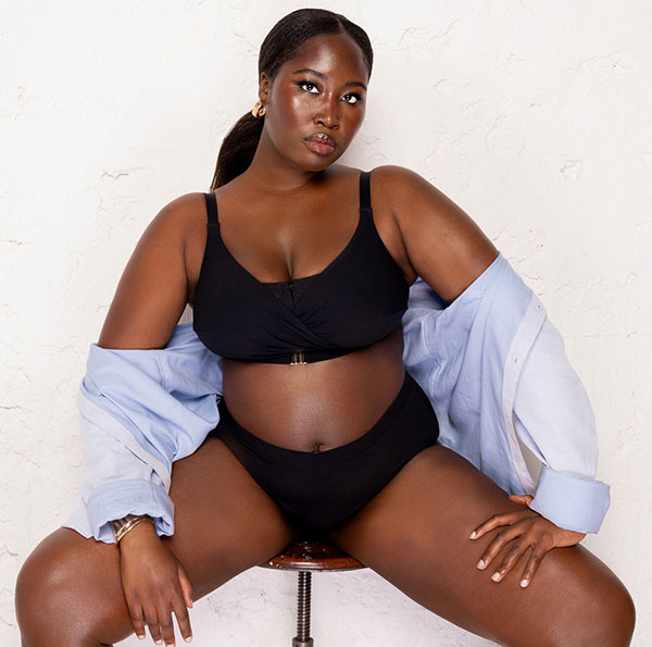 The Tania bralette from Slow Bra is uniquely adjustable to fit 30-46, F-H breasts adjustable back, multiway straps, and ribbon lace-up front as featured on Lingerie Briefs