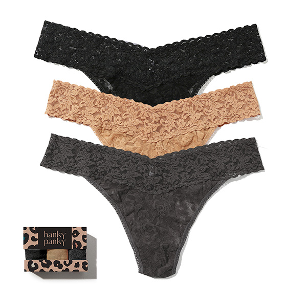 Hanky Panky Summer 2026 Gift Packaging Program of the iconic lace hi-rise and low-rise thong available in 3-packs and 5 packs as featured on Lingerie Briefs