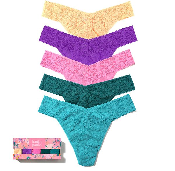 Hanky Panky Summer 2026 Gift Packaging Program of the iconic lace hi-rise and low-rise thong available in 3-packs and 5 packs as featured on Lingerie Briefs