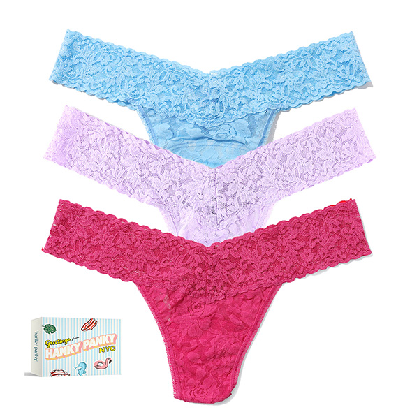 Hanky Panky Summer 2026 Gift Packaging Program of the iconic lace hi-rise and low-rise thong available in 3-packs and 5 packs as featured on Lingerie Briefs