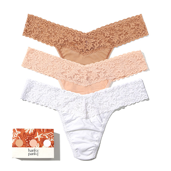 Hanky Panky Summer 2026 Gift Packaging Program of the iconic lace hi-rise and low-rise thong available in 3-packs and 5 packs as featured on Lingerie Briefs